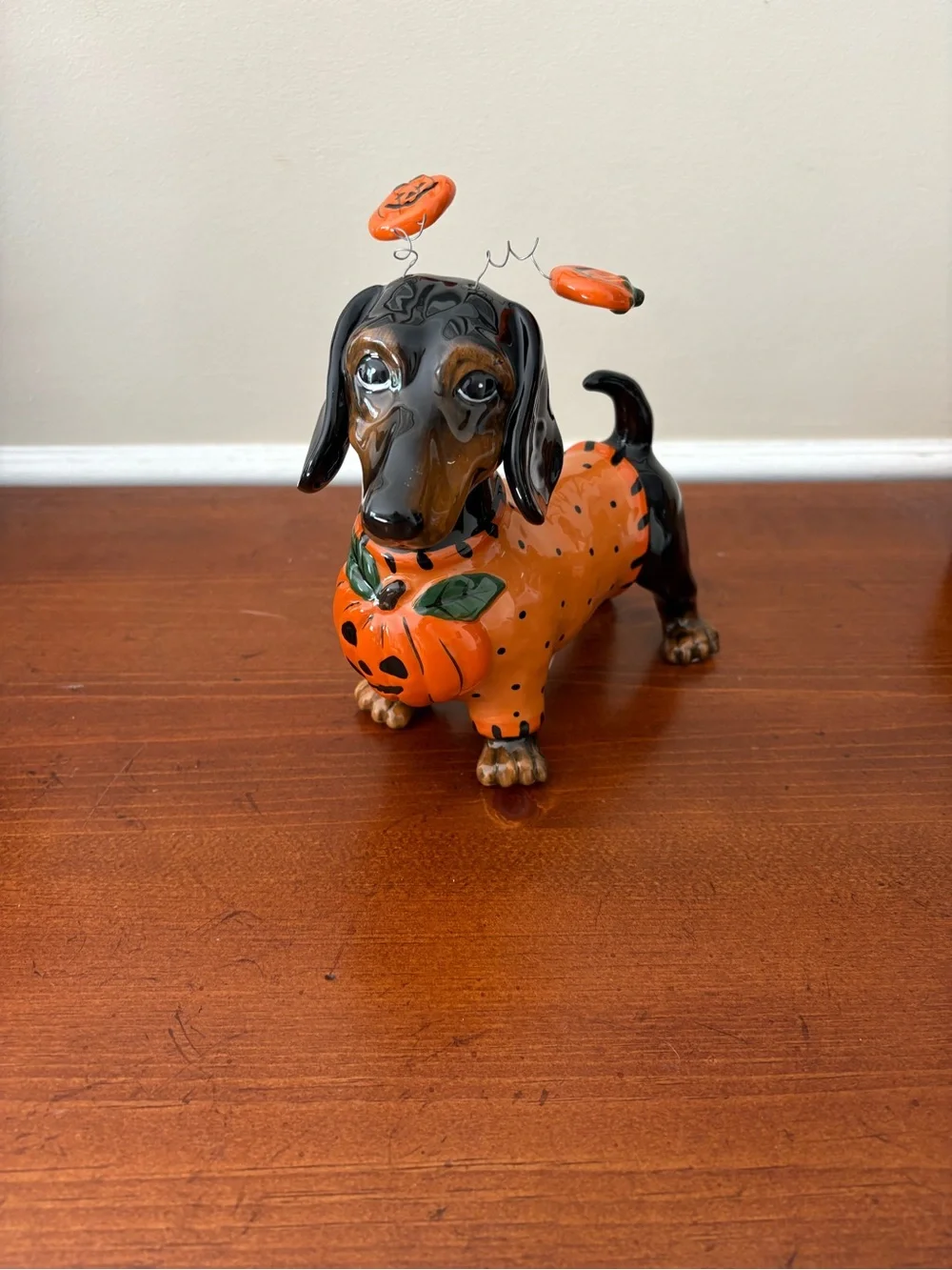 Blue Sky Halloween Dachshund Dog Figurine - Orange Pumpkin Design